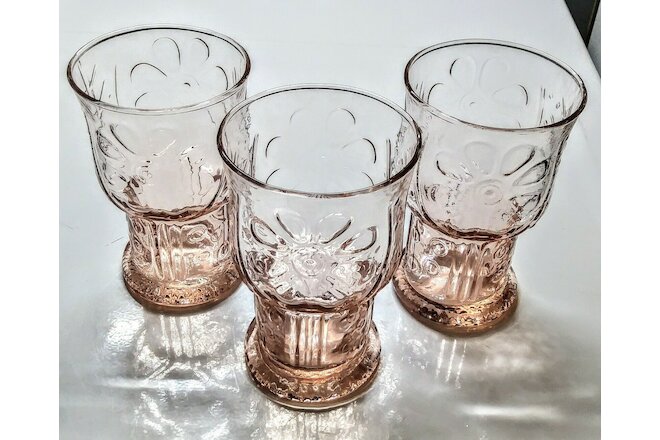 Vintage Libbey Country Garden Embossed Pink Glass 12 oz Daisy Tumblers Set of 3