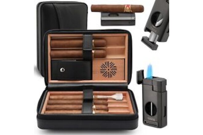TISFA Cigar Humidor Leather Cedar Wood Cigar Case with Cigar Lighter V Cut Ci...