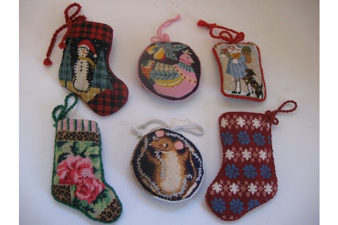 Lot of Six Needle Point Christmas Ornaments Hand Made New Vintage