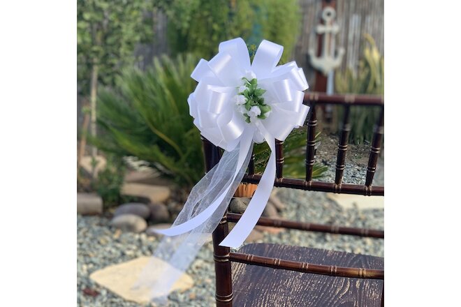 White Pull Bows with Tulle Tails and Rosebuds - 8" Wide, Set of 6, Wedding Bows