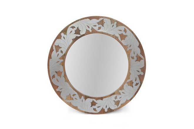 Handcrafted Mango Wood Aluminum Fitted Round Mirror, Natural and Antique Silver