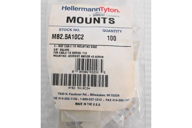 Hellermann Tyton MB2.5A10C2 Cable Tie Mounting Base 5/8" Square (Lot of 100)