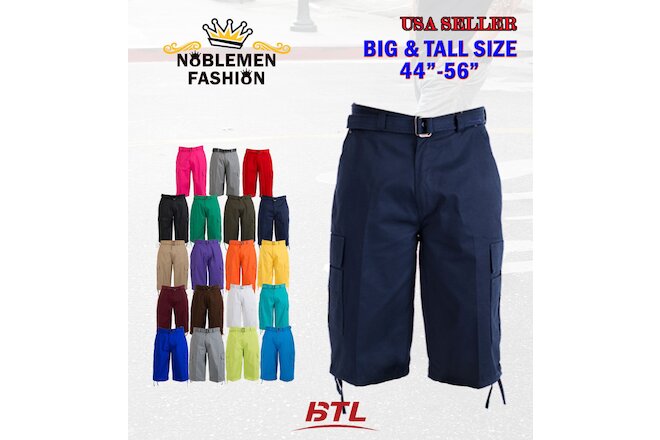 MEN BIG AND TALL CARGO SHORTS WITH BELT COTTON 19 COLORS TWILL 44~56