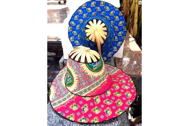 Hand fan hat crafts with bamboo wooden folding fabric Thai elephant gift 2 in 1
