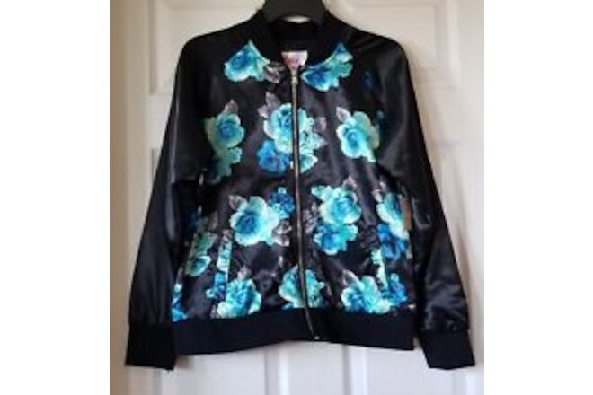 JUSTICE Girls Black and Teal Floral Satin Zip Front Bomber Jacket Size 20 - NWT