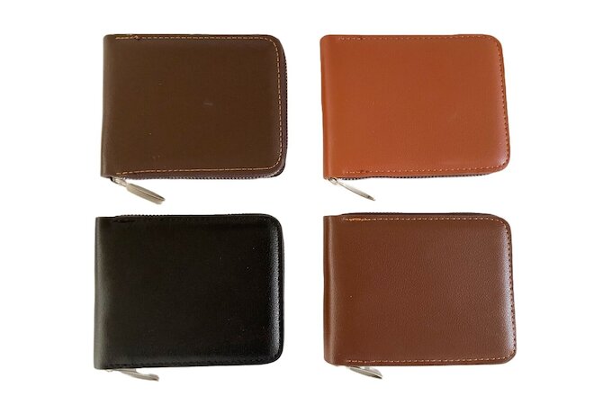 Zippered Wallet ID Credit Card Money Holder Bifold PU Faux Leather Solid Colors.