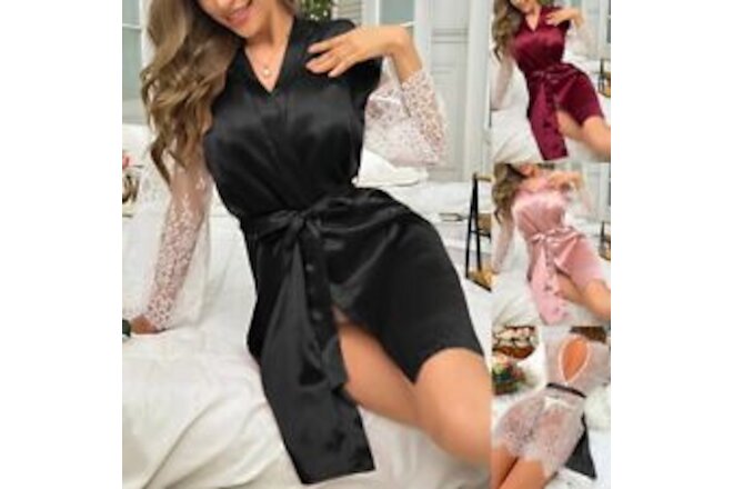 Sexy Womens Belt Lace Up Satin Silk Bathrobes Ladies Sleepwear Lingeries Pajamas