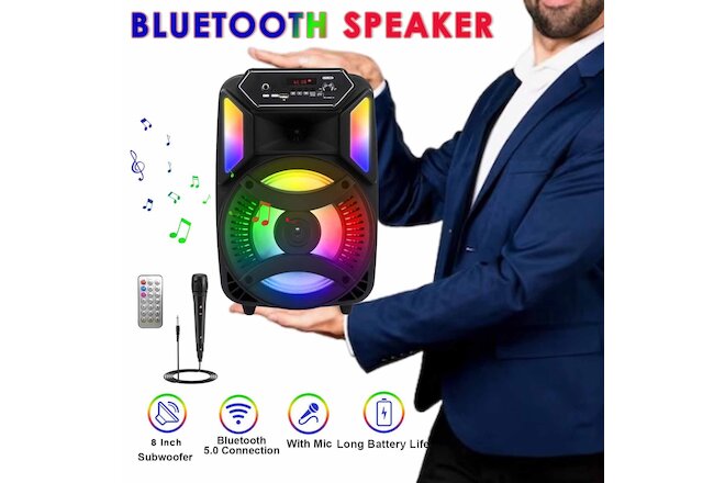 8'' Portable Bluetooth Speaker Sub Woofer Stereo Sound 90DB Home Outdoor Party