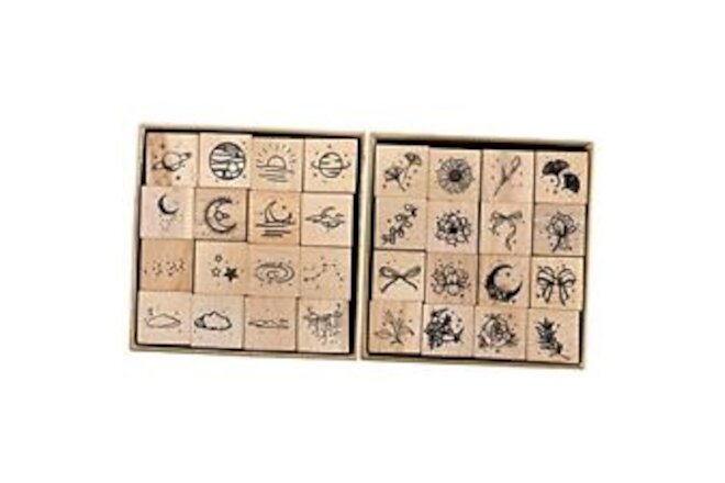 32 Pieces Wooden Rubber Stamp Set, Moon Star Botanical Decorative Wood Stamps
