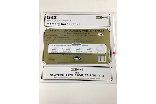 Pioneer 12 X 12 Top Loading White Refill Scrapbook Pages.  5 Sheets, 10 Pages.