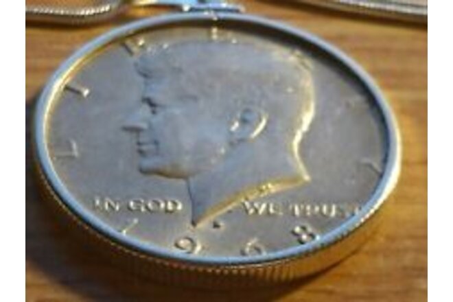 1968 Silver Kennedy Half Dollar Pendant on an 18" Sterling Silver Snake Chain.