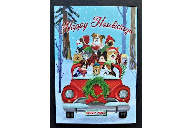 Dogs Car Christmas Cards SET Of 4 SMALL Punch Studio Glitter Happy Howlidays