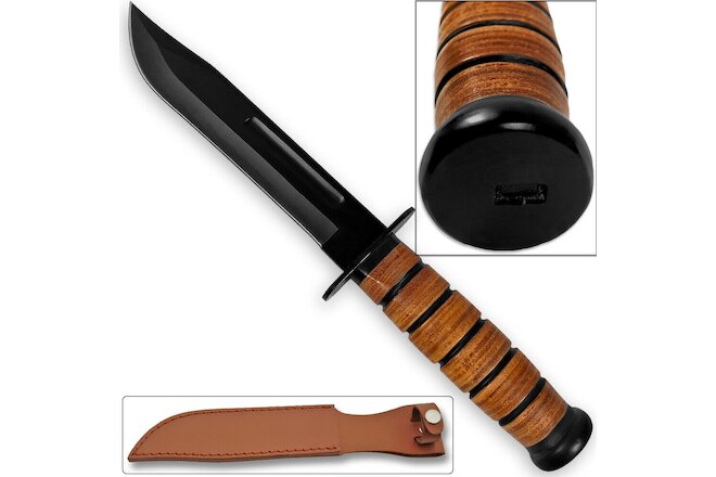 Reproduction WWII Combat USMC Kabar-Style Fighting Knife with Leather Sheath