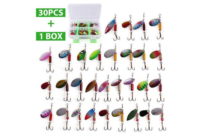 30 PCS Metal Fishing Lures Spinner Bait Attractant Hook with Tackle Storage Box