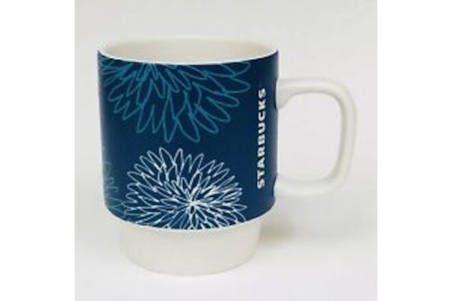 Starbucks 2016 Stackable Blue White Teal Pom Pom Floral Limited Ed. Coffee Mug
