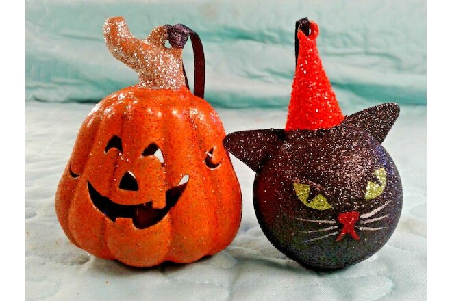 2 Vintage Inspired Halloween 3" Glitter Hanging Tree Ornamernts Cat & Pumpkin