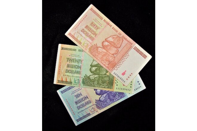 3 Zimbabwe banknotes-1 x 10, 20 & 50 Billion dollars -2008 series currency