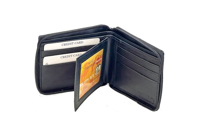 Mens Genuine Leather Zip Secure Zipper Around Wallet Black Billfold Credit Card