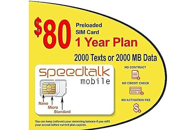 SpeedTalk GSM SIM Card Rollover 2000 Text OR Data 5G 4G LTE GPS Trackers 1 Year