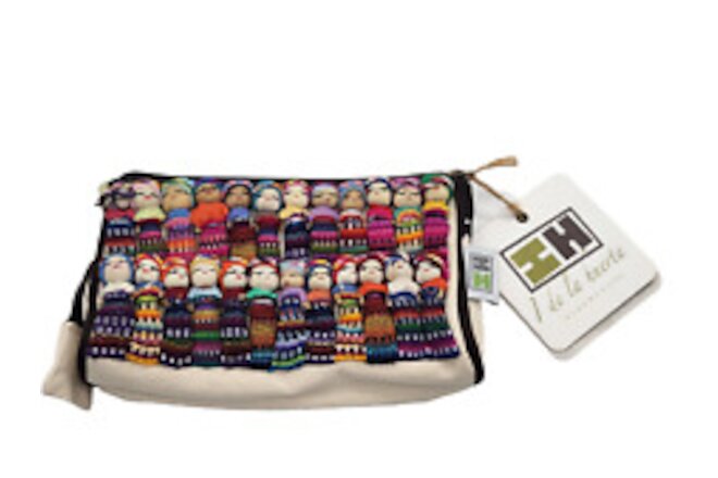 Mexican Handmade Canvas Multicolor Worry Doll Zipper Cosmetic Bag Makeup 8" NWT