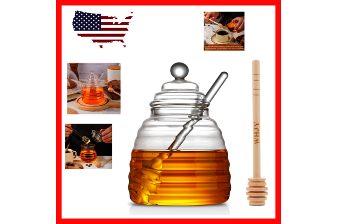 Glass Honey Pot with Dipper: 16oz Small Glass Honey Jar for Home Kitchen New