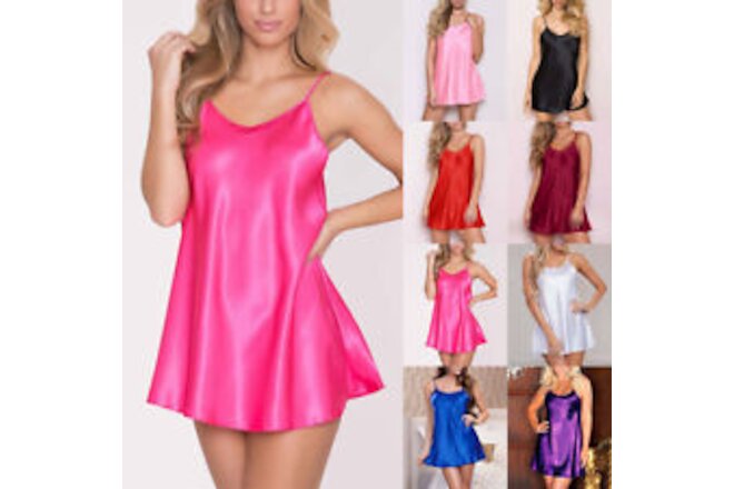 Womens Silk Stain Comfy Chemise Nightdress Sexy Nightwear Slip Dress Bathrobe US