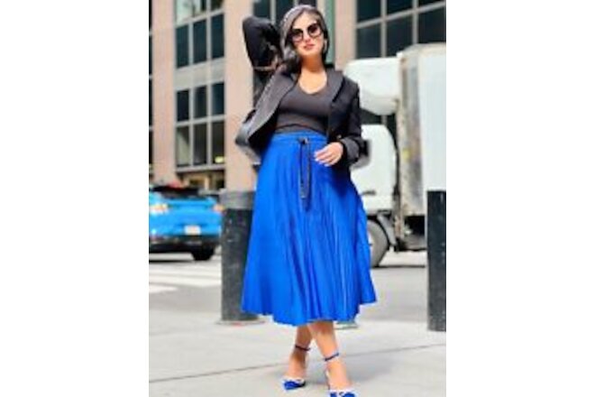 Luxurious Pleated midi satin blue skirt for Women elegant skirt - Brand new