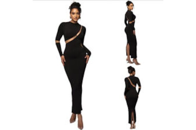 Womens Round Neck Long Sleeve Wrap Dress Sexy Ladies Hollow Long Maxi Dress Gown