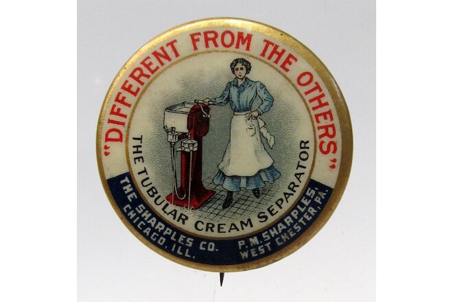 1896 SHARPLES CREAM SEPARATOR Woman Stands Hand on Machine Dairy pinback button*