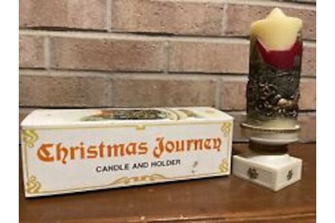 Christmas Journey Pillar Candle and Holder w/ Box Hong Kong Decorated NOS