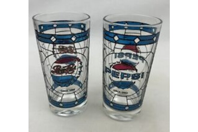 2 Vtg Pepsi Cola Tiffany Stained Glass Design Drink Glasses 75th Ann. New!