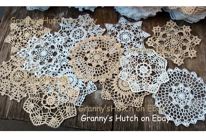 lot of 12 Hand Crochet Doilies 7" White & Natural Vintage Wedding Tea Party NEW