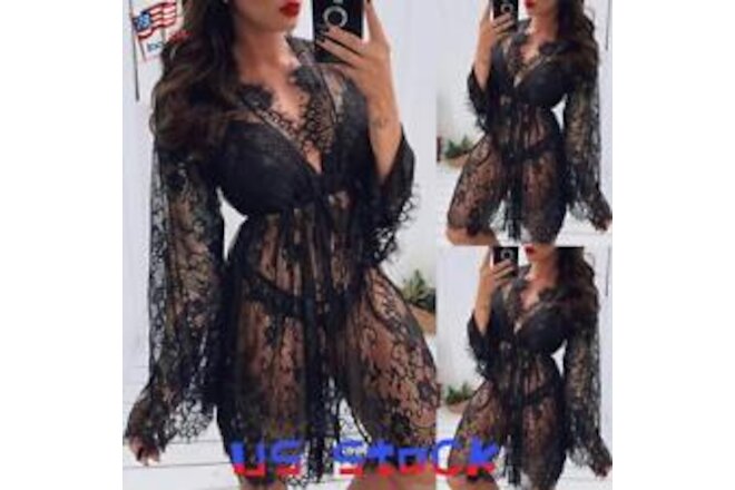 Womens Sexy Lace Dressing Up Gown Bathrobe Linerie See-Through Robe Nightwear US