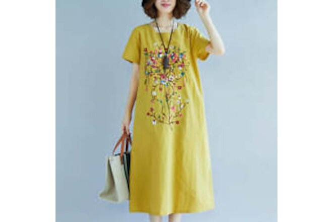 Ethnic Style Embroidered Cotton Linen Dress