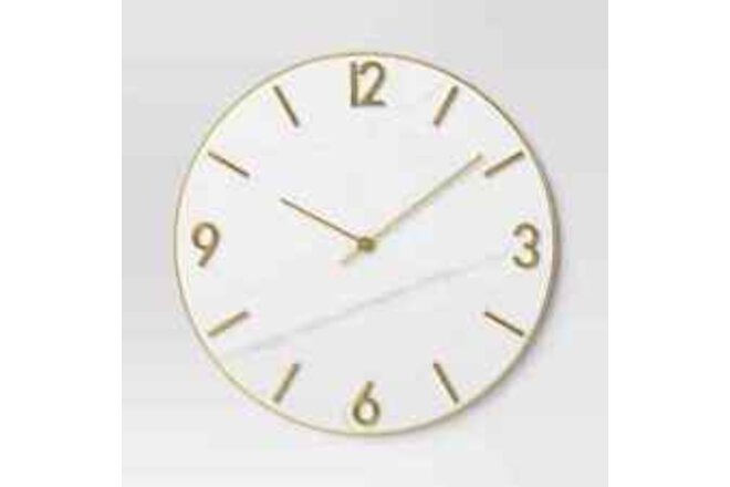 26" Faux Marble Finished in Polished Brass Wall Clock White - Threshold
