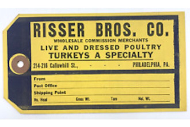 Risser Bros Co Poultry Turkey Shipping Label Tag Philadelphia PA Vintage