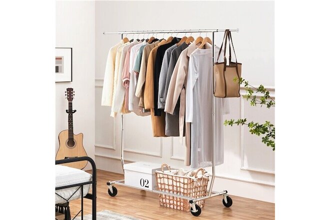 Heavy Duty Garment Rack Commercial Rolling Collapsible Clothing Shelf Single Bar