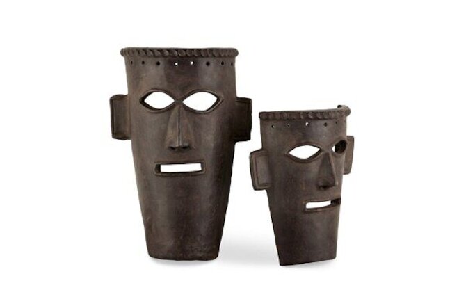 Etu - Mask Sculpture (Set of 2)-19 Inches Tall and 13 Inches Wide-Dark Brown