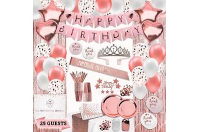 225 PC Rose Gold Birthday Party Decorations Kit for Girls Teens Women - Happy...
