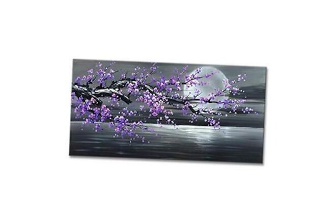 Purple Flower Painting on Canvas Black and White Seascape Wall Art 48"W x 24"H