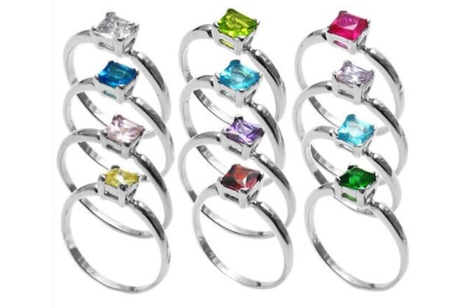 925 Sterling Silver Child's Baby Princess Cut CZ Birthstone Ring Choose Month