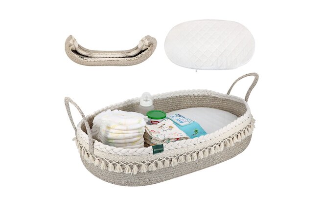 Cotton, Beige  Moses Baby Diaper Changing Basket With Pad and Water Proof Cover.