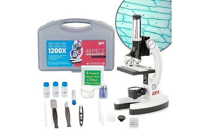 AMSCOPE 48pc Starter 120x-1200x Compound Microscope Science Kit for Kids (White)