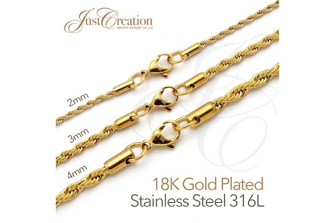 Gold Plated 18K, Stainless Steel 316L 2mm 3mm 4mm Rope Chain Necklace 14in-30in