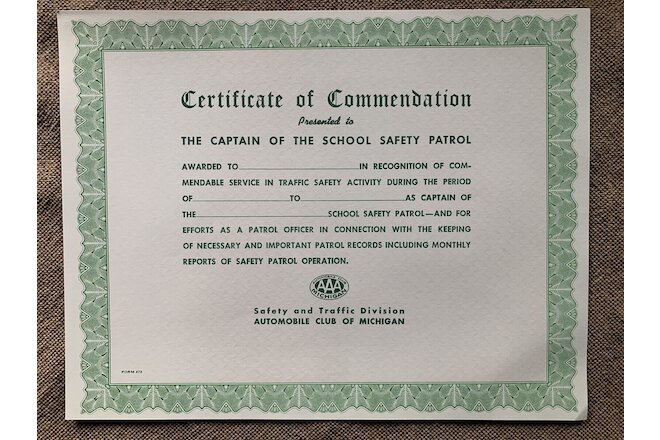 Vintage AAA Captain Of Safety Patrol Certificate Automobile Club Of Michigan