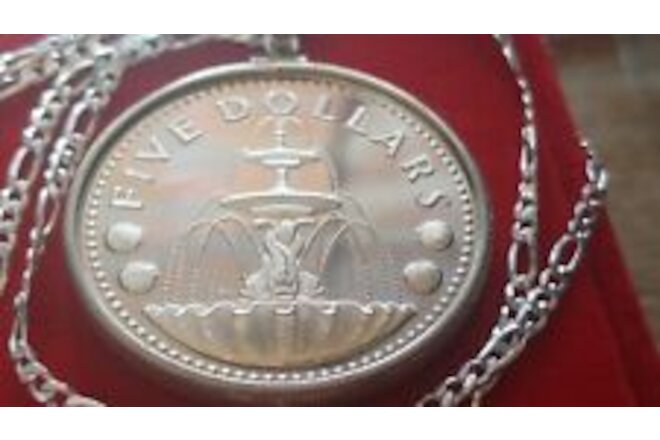 1973 Barbados Silver Wishing Well Cascading Fountain Coin Pendant 28" Chain