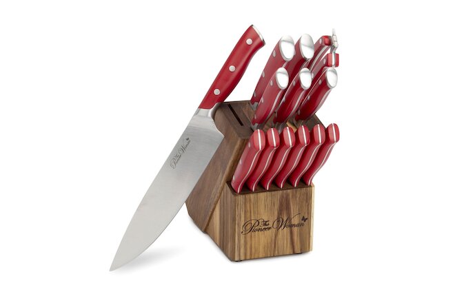 The Pioneer Woman Pioneer Signature 14-Piece Stainless Steel Knife Block Set,Red