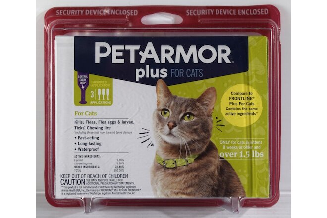 PetArmor PLUS 3 Doses Flea, Tick & Lice Treatment for CATS Over 1.5 LBS - NEW