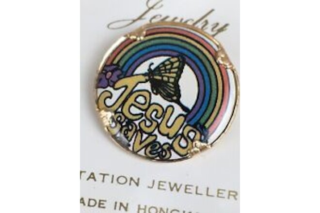 Jesus Saves  1” Pinback Button Hat Pin Lapel Pin VTG Hong Kong New Old Stock