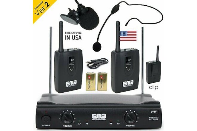 Professional Wireless Microphone System Headset / Lavalier 2 x Mic w/ Receiver